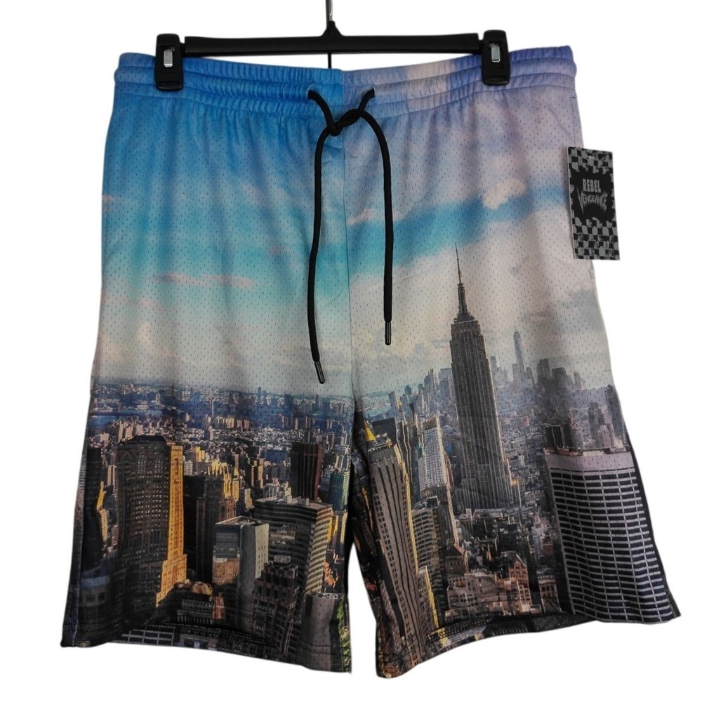 Rebel Vengeance NYC Skyline Mesh Shorts Blue Graphic Streetwear Mens 2XL NWT